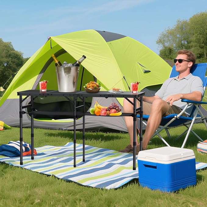 Anbte 4-Fold Camping Table with Storage Net, 3 Adjustable Height Max 27.5” | 4ft Aluminum Portable Table, Portable & Compact, 46” x 16”, for Picnic Beach Outdoor Indoor Backyard RV Travel, Black
