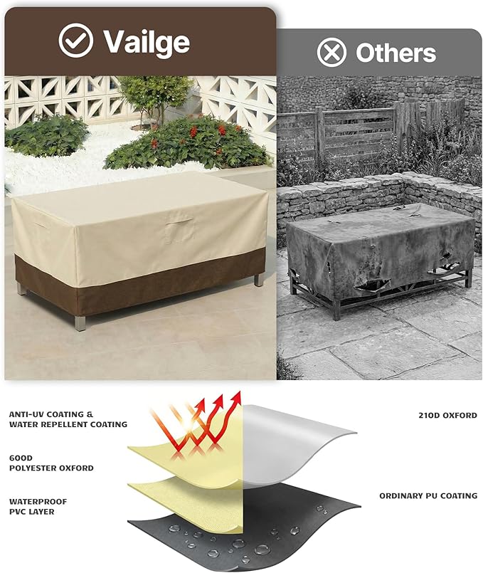 Vailge Rectangular/Oval Patio Table Cover, Heavy Duty and Waterproof Outdoor Lawn Patio Furniture Covers (Beige&brown, 36"Lx20"Wx16"H)