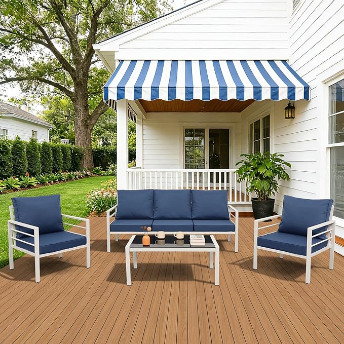 Patio Furniture Set 4 Pieces Outdoor Furniture White Metal Frame Patio Couch Outdoor Chairs Glass Coffee Table with No-Slip Cushions and Waterproof Covers, Navy Blue