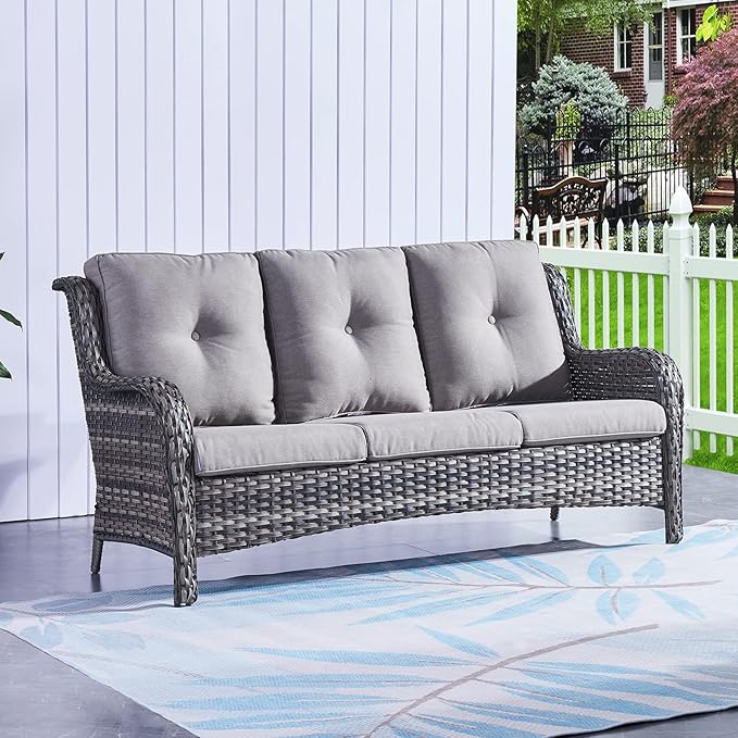Rilyson Outdoor Couch Wicker Patio Sofa - 3 Seat Rattan Sofa with Deep Seating and Comfortable Cushions for Outside Porch Deck Balcony Garden(Mixed Grey/Grey)