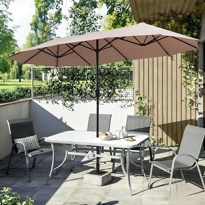 13 ft Patio Umbrella, Large Rectangle Outdoor Umbrella with Strap, Crank, Khaki