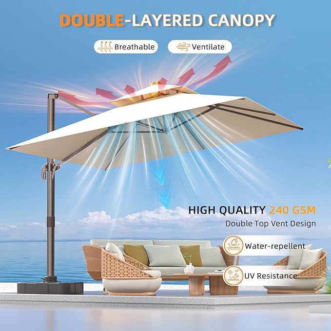 10' X 13' Outdoor Patio Umbrella Large Rectangle Cantilever Umbrella with Base Included, Heavy Duty 360°Rotation Offset Umbrella for Garden Deck Pool Patio,Beige