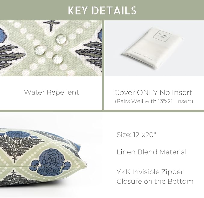 California Casual Coastal Indoor Outdoor Lumbar Pillow Cover, 12"x20" Water Repellent for Patio, Backyard, Couch, Azure Light Green Block Print Vintage Hydrangea Flowers