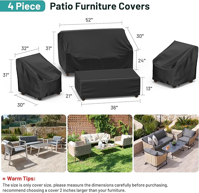 Mrrihand Patio Furniture Covers, 4 Piece Outdoor Furniture Cover Waterproof includ Ourdoor Sofa Cover, 2 Chair Covers, Coffee Table Cover with Windproof Buckle Strap and Adjustable Drawstring