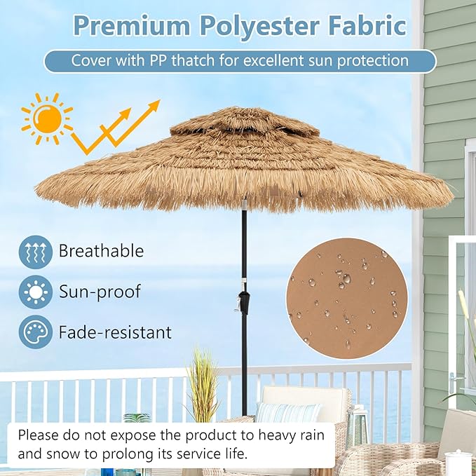 HAPPYGRILL 8.8 FT Hawaiian Style Umbrella with Lights, Outdoor Thatched Patio Tiki Umbrella with 8 Ribs, Manual Crank, 35° Tilt, for Beach, Backyard, Poolside