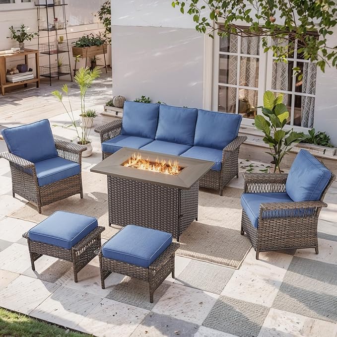 Patio Furniture Set with Fire Pit Table, 6PCS Patio Conversation Set Brown Resin Wicker Patio Chair Sofa Ottoman with 41in Rectangular Outdoor Fire Table PE Rattan Furniture Set