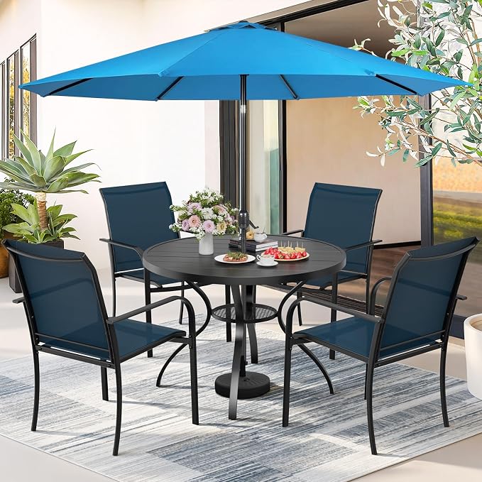 Incbruce 6 PCS Patio Dining Set with Sky Blue Umbrella, Outdoor Dining Set of 4 Textilene Chairs and 41" Round Table with Umbrella Hole for Backyard, Garden, and Poolside (Blue)