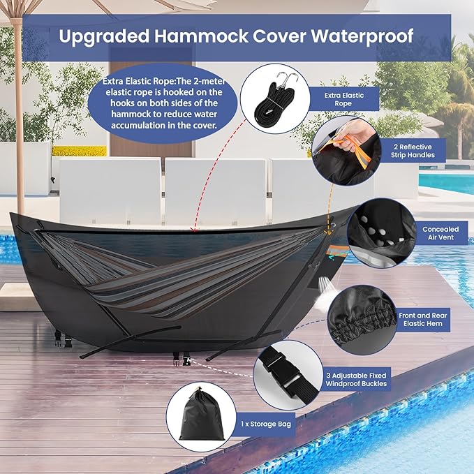 Hammock Cover Waterproof,Heavy Duty 420D Hammock Stand Covers for Outdoor,Breathable Dust Protector with 2 Air Vents,3 Windproof Buckles，Universal Cover Fits for 11-12ft Stand,All-weather Protection