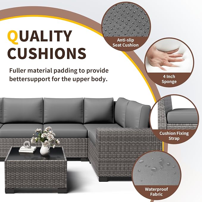 6 Pieces Patio Furniture Set, Wide Arm Outdoor Patio Sectional Couch Set, All Weather Wicker Rattan Conversation Set w/Cushions and Glass Table and Waterproof Cover, Grey & Grey