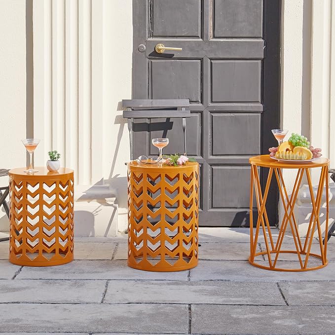 Y&M Set of 3 Metal Round Table, Coffee Table End Table for Indoor Outdoor Multifunctional Use, Heavy Duty Metal Plant Stand Decorative Garden Stool- Orange