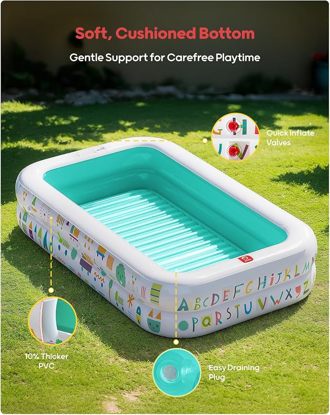 QPAU Kiddie Pool – 65" x 39" Inflatable Pool for Kids & Toddlers, Ball Pit & Baby Pool with Soft Cushioned Floor, Canopy for Sun Protection, Durable Outdoor Play Toys for Backyard & Indoor (Green)
