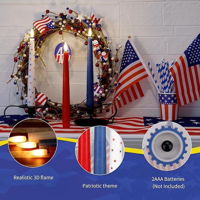 Red White and Blue Star Candles, Flameless Taper Candles with 3D Wick, Real Wax 4th of July Flameless Candles with Remote, 9.6" Battery Operated Patriotic Led Candlesticks, 3 Pack