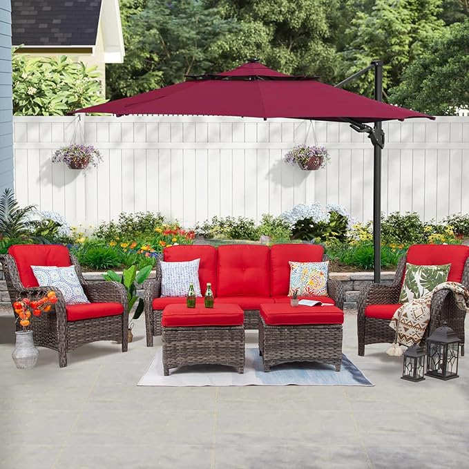 Patio Furniture Set 5-Piece Wicker Outdoor Furniture Conversational Set with 3-Seat Sofa, 2 Armchairs, 2 Ottoman Patio Rattan Wicker Sectional Sofa Set with Olefin Cushions, Red