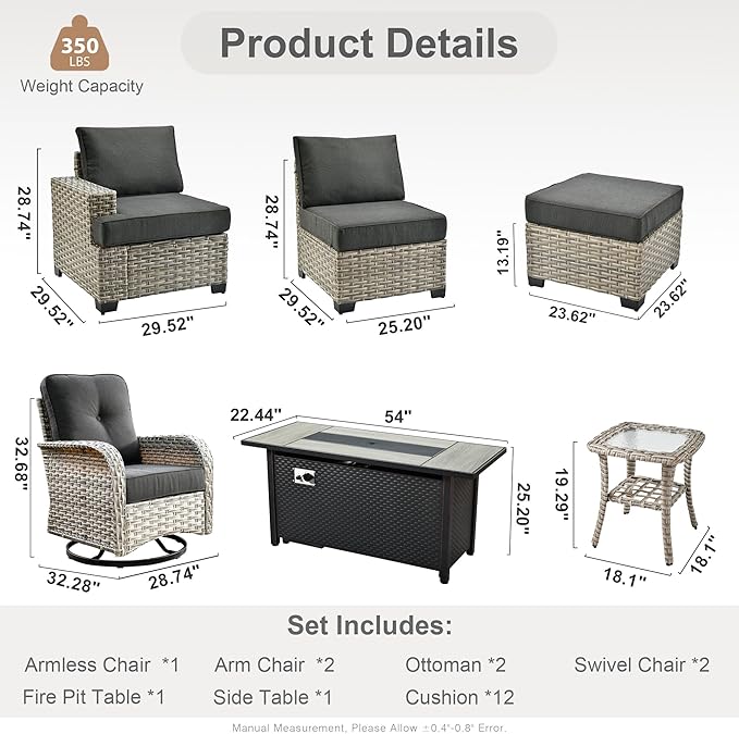 9 Pcs Outdoor Sectional Patio Furniture Set with Fire Pit Table and Swivel Rocking Chairs - All Weather Wicker Modular Outside Sectional Sofa Couch,Patio Seating Outdoor Conversation Sets,Black
