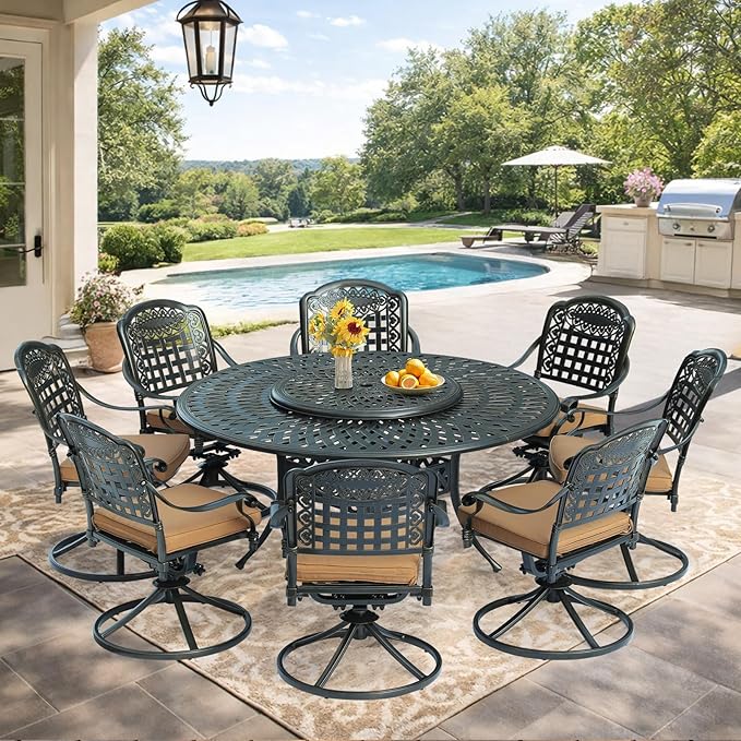 VIVIJASON 9-Piece Outdoor Furniture Dining Set, Rust-Free Cast Aluminum Patio Conversation Set, Include 8 Swivel Dining Chairs & 61" Round Dining Table with 31" Lazy Susan, Umbrella Hole, Khaki
