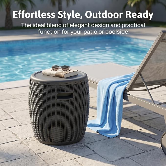 Zapdos 9.5 Gallon Outdoor Cooler Table, 4-in-1 Patio Side Table Cooler and Wicker Storage Stool, 330lbs Capacity Lid