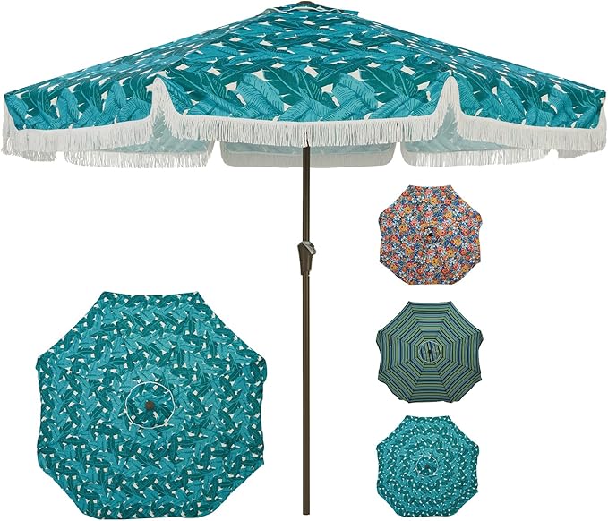 Garvee 9FT Fringe Patio Umbrella with Crank Handle, Push Button Tilt for Sun Shade, 8 Fiberglass Ribs, 1.5" D Premium Steel Pole, Outdoor Large Tassel Umbrella for Patio Beach Pool Backyard,9' Leaf