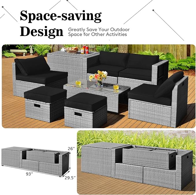 DORTALA 8 Pieces Patio Furniture Set, PE Rattan Sectional Sofa Set with Tempered Glass Table & Waterproof Cushions, Outdoor Wicker Conversation Set for Balcony, Poolside, Black