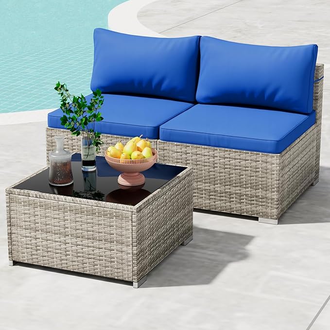 3 Piece Patio Furniture Set, Outdoor Wicker Patio Sofa Set, PE Rattan Sectional Couch with Glass Table and Blue Cushions, All-Weather 3 Piece Outdoor Patio Furniture Sets, Grey