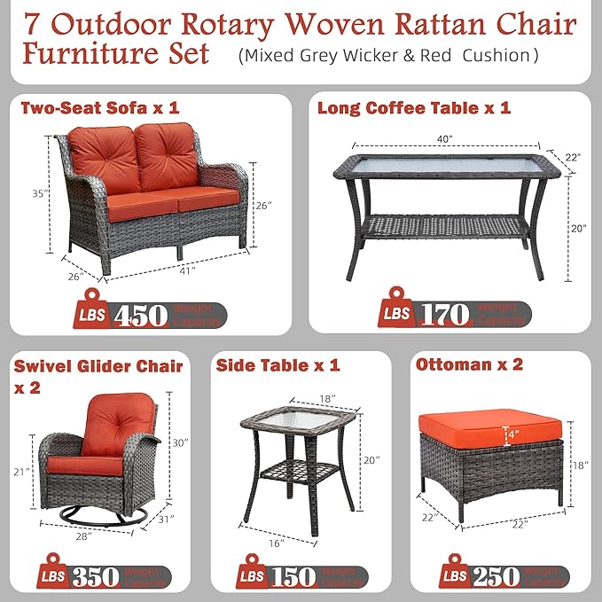 7-Piece Outdoor Patio Conversation Set with Storage Table, All Weather Wicker Rattan Conversation Set with Ottomans, Outdoor Sectional Swivel Rocking Chair for Patio, Porch,Red