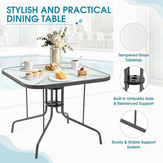 5 Piece Patio Dining Set with Wider 24.4" Stackable Chairs, Outdoor Dining Set for 4 with 36"*36" Table, Gery Metal Frame and Blue Textilene