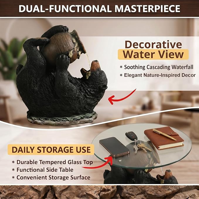 Honey-Drinking Bear Side Table with Waterfall 2-in-1 Resin Sculpture End Table Round Glass Top Indoor Outdoor for Patio, Garden, Living Room