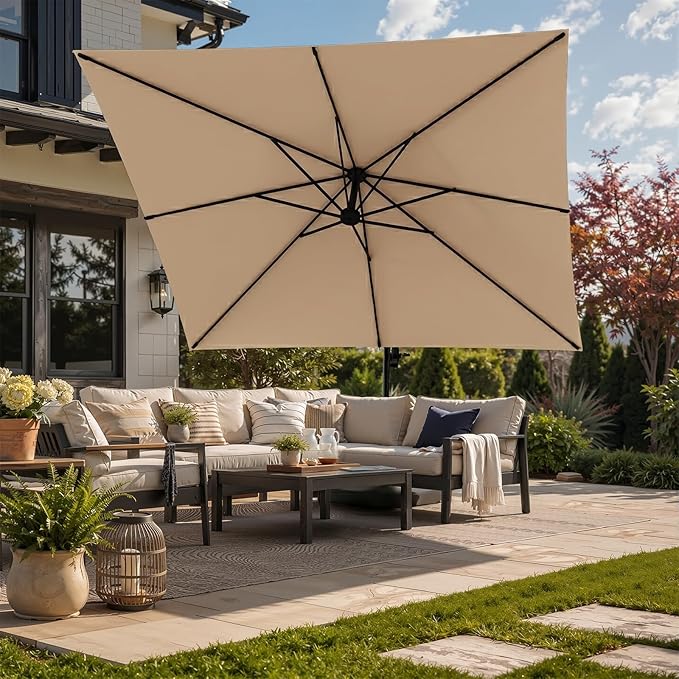 AECOJOY 10 Ft Cantilever Umbrella with Base Included, Large Square Aluminum Outdoor Cantilever Offset Patio Umbrellas w/ 360° Rotation, Infinite Tilt Adjustment for Pool, Garden, Desk, Beige