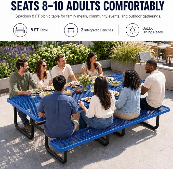8 FT Heavy Duty Outdoor Metal Picnic Table with Umbrella Hole, Commercial Grade Steel Picnic Table with Benches, Seats 8-10 Adults, Weather Resistant for Backyard, Park, School & Campground