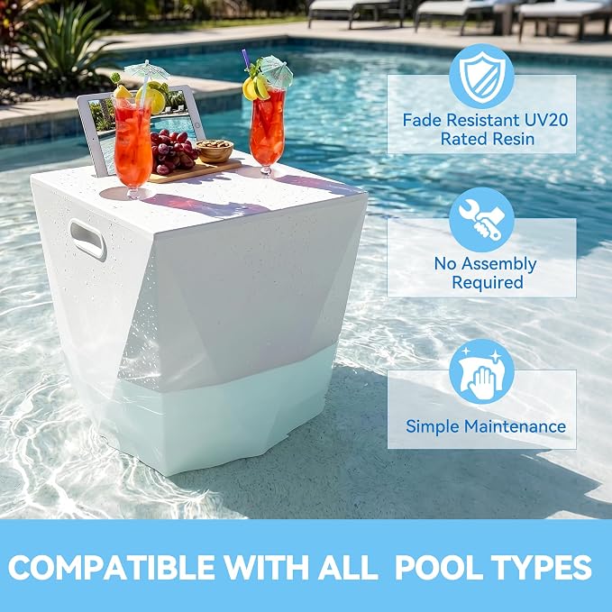 Modern Assemble-Free Outdoor Side Table, Pool Side Table for Inside Pool or on Patio, Lounger Table with 2 Cup Holders * 1 Tablet Holder, White