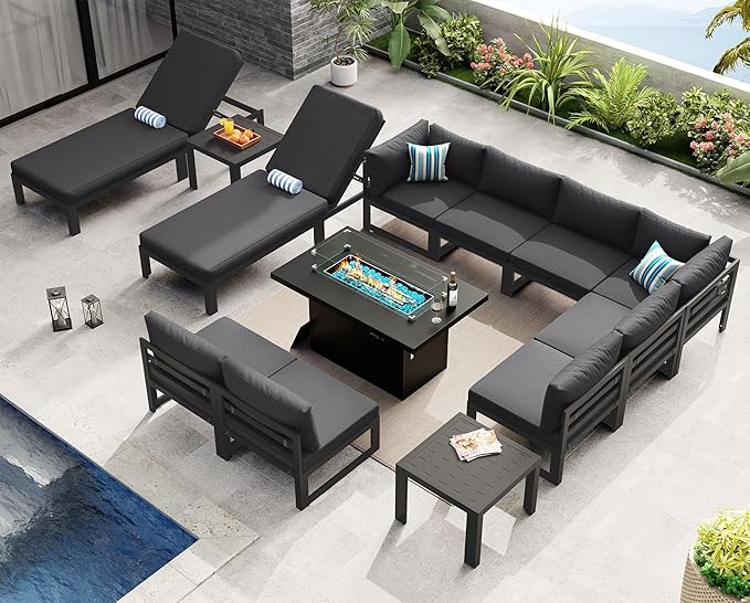 NICESOUL 13 Pcs Large Contemporary Aluminum Outdoor Furniture Set with Chaise Lounge & Fire Pit Table, 29" Deep Wide Couch Set, 500 lbs Heavy Duty Comfy Patio Sectional Sofa for Poolside, Dark Gray