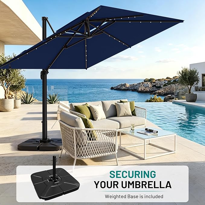 AreShark 10×10FT Solar LED Cantilever Umbrella with Base Included, Double-Top Outdoor Patio Offset with 360 Degree Rotation, Square Offset Hanging Umbrella for Garden Deck Pool, Navy