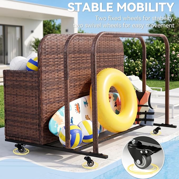 Rattan Outdoor Pool Float Storage Basket, Rolling Toy Caddy with Wheels, Patio Furniture Organizer Wicker Box Pool Storage Bin for Floaties, Noodles, Life Vests, Beach Balls