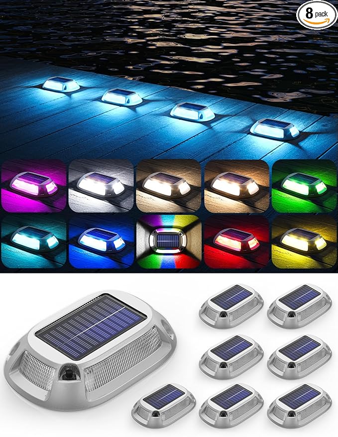 8Pack Aluminum Alloy Solar Driveway Lights, IP68 Solar Deck Light Marine Dock Lights Outdoor Waterproof, Multi-color LED Driveway Markers for Walkway, Path Decor [12Modes - Strobe/RGB/Fix-color]