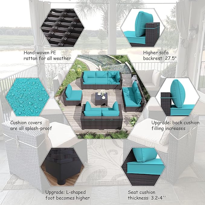 ALAULM 9 Pieces Patio Furniture Set Wicker Patio Conversation Set with 4 Corner Sofas, Outdoor Sectional Furniture w/Coffee Table & Washable Seat Cushions-Blue