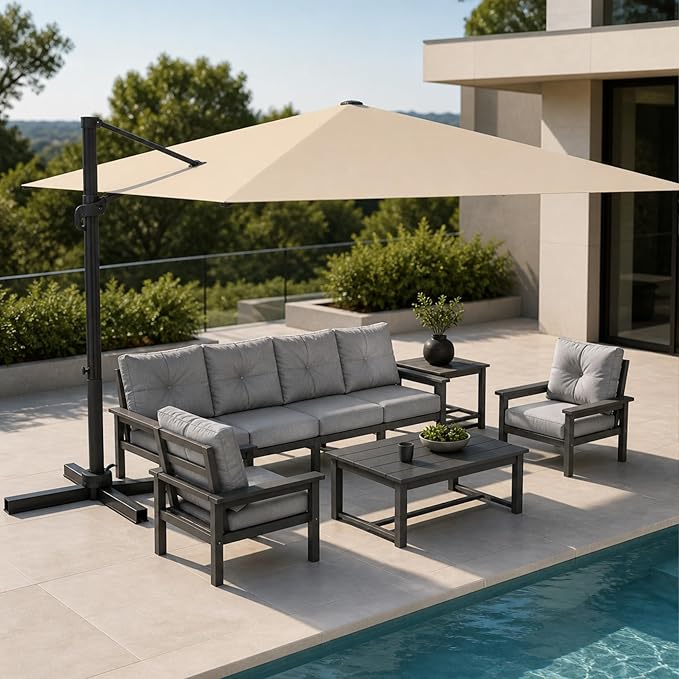 Kingdura 9' X 9' Cantilever Patio Umbrella with Base Included, Large Square Outdoor Offset Umbrella with 360-degree Rotation, 4 Position Tilt, UV Protection for Pool Deck Garden Patio (Beige)