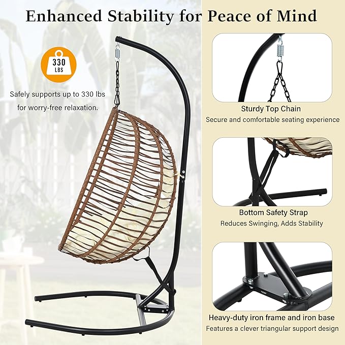 Folding Egg Chair, Outdoor Hanging Hammock Chair with Stand, Patio Wicker Hanging Chair with Iron Frame and Plush Cushion & Removable Headrest for Bedroom, Balcony, Garden (C-BrownBeige)