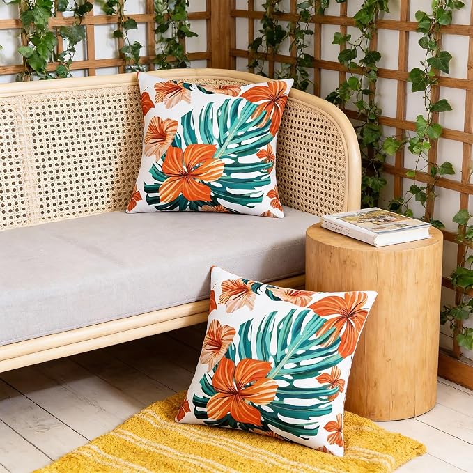 SquarePie Pack of 2 Outdoor Pillow Covers, Waterproof Decorative Throw Pillowcase Shell, Garden Cushion Shams Cases for Spring Patio Couch Balcony Bench,18x18 inch Palm Leaf Orange Flowers