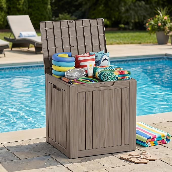 35 Gallon Deck Box Outdoor Waterproof, Resin Storage Box Outdoor Lockable, Multipurpose Outside Container for Patio Cushions, Garden Tools & Package Drop, UV & Fade Resistant Gray Brown