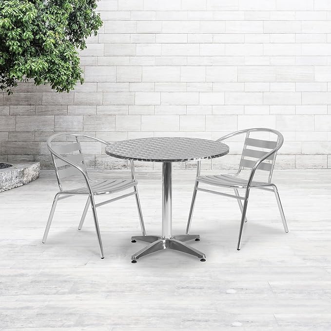 Pemberly Row 31.5" Round Bistro Table, Aluminum and Steel, Stainless Steel Top, Lightweight Design, Commercial and Residential Use, Outdoor/Indoor Patio Dining Table for Sunroom, Balcony, Deck