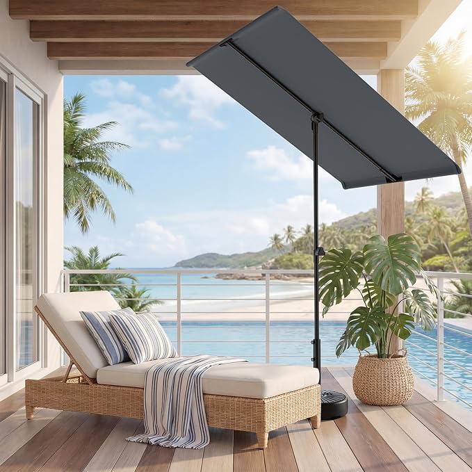 HOMSHADE 6x4ft Outdoor Balcony Umbrella - Flat Porch Pool Patio Umbrella Rectangular Canopy Shade UPF50+ UV Protection 360° Rotating & Tilting All Angles Applicable (Grey, No Base)