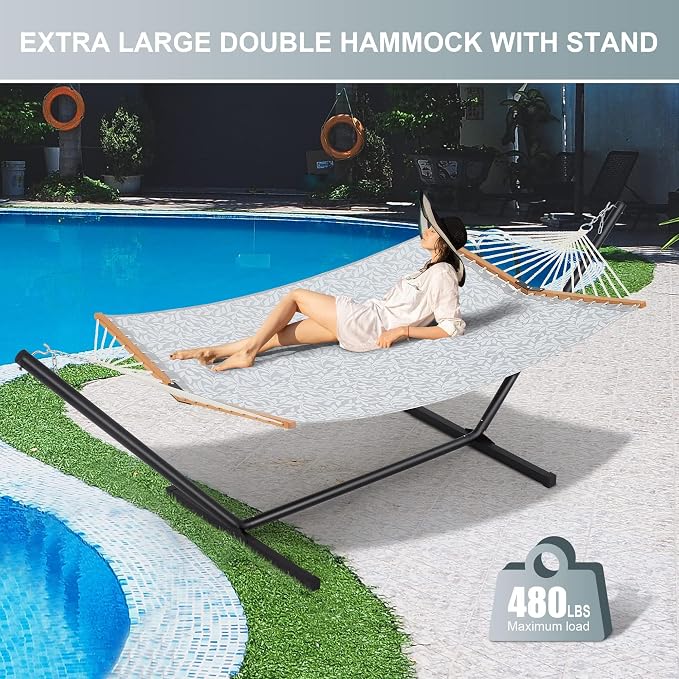 Homgava Two Person Hammock with Stand for Outside Heavy Duty, Outdoor Patio Hammock with Portable Steel Stand, Large Double Hammocks with Quick Dry Textilene Fabric,480lbs Capacity(White Grey)