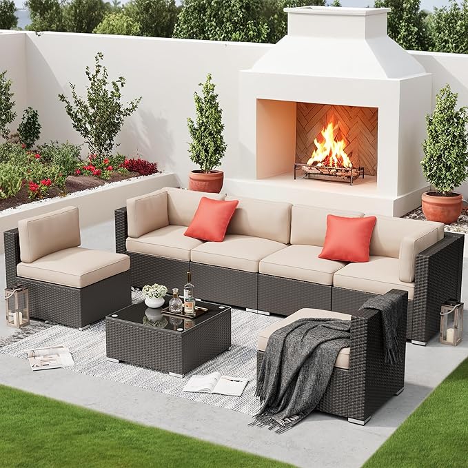 SUNCROWN 7-Piece Outdoor Patio Furniture Sofa Set All-Weather Wicker Sectional Conversation Set with Modern Glass Coffee Table and Cushions, Backyard, Garden, Light Brown