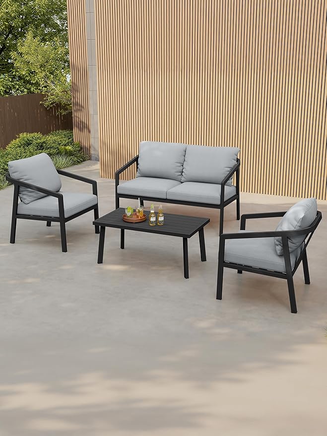 4 Pieces Outdoor Sofa Set, Never-Rust Aluminum Patio Conversation Set with Removable Cushions, Patio Furniture Set with Patio Loveseat, 2 Sofa Armchairs and Coffee Table for Pool, Deck, Black