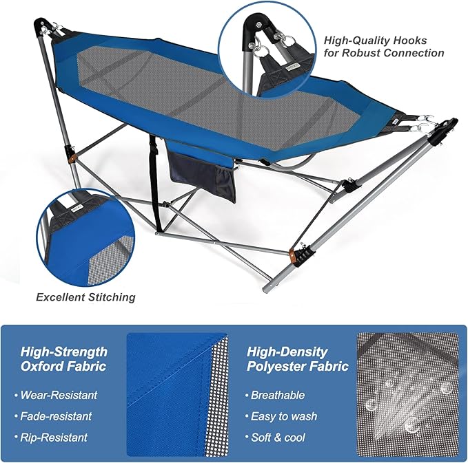 Portable Folding Hammock w/Side Pocket, Lounge Camping Bed w/Metal Stand & Anti-tip Buckles, Outdoor Camping Hammock with Carrying Bag for Patio Garden Yard, Easy Assembly (Blue)