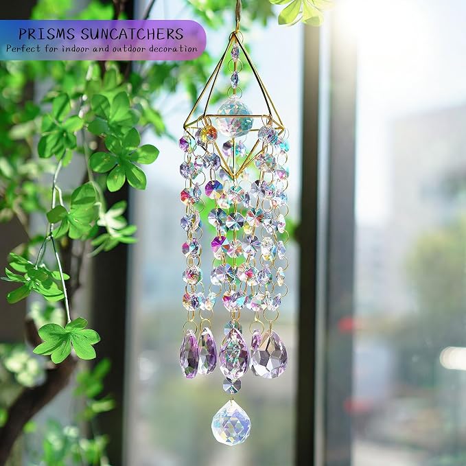 21.5'' Crystal Prisms Suncatcher for Window Hanging,Purple | Rainbow Maker,Sun Catcher Indoor Window,Glass Wind Chimes,Whimsical Decor For Home Garden,Zen Christmas Birthday Gift