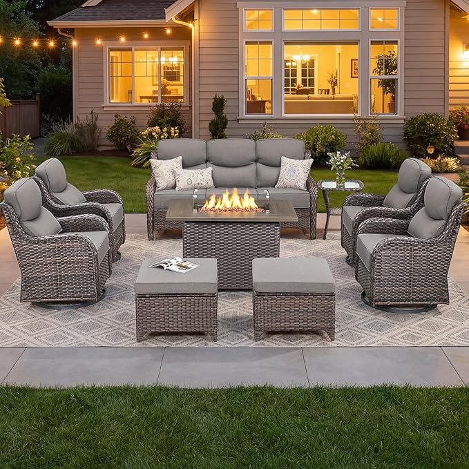 Luxury Patio Furniture Set with 6-inch Thick Cushion, Outdoor Furniture with Fire Pit Table, Swivel Chairs, Sofa, Side Table, Ottomans, 9pcs Wicker Conversation Set for Deck Yard and Poolside(Grey)