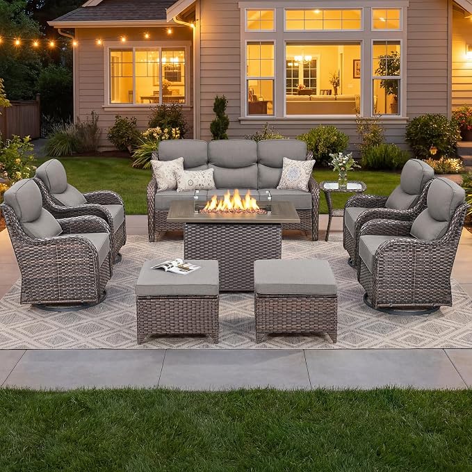 Luxury Patio Furniture Set with 6-inch Thick Cushion, Outdoor Furniture with Fire Pit Table, Swivel Chairs, Sofa, Side Table, Ottomans, 9pcs Wicker Conversation Set(Brown Wicker/Grey Cushion)
