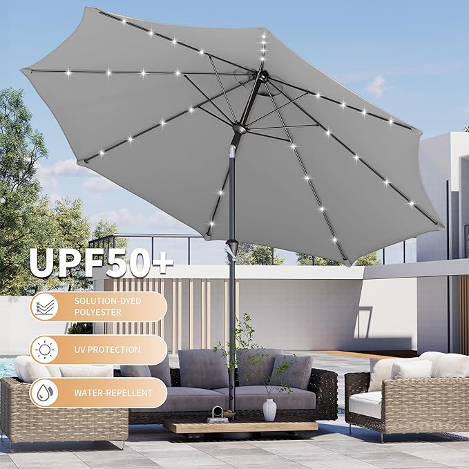 Kingdura 9FT Outdoor Patio Umbrella with Solar Lights, Market Table Umbrella with Push Button Tilt & Crank, 8 Sturdy Ribs, 32 LED Lights, UV Protection for Garden Lawn Deck Backyard Pool (Light grey)