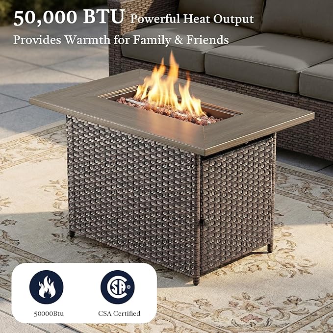 Patio Furniture Set with 41" Fire Pit Table - High Back Patio Conversation Set with 4 Inch Thick Cushions and Deep Seating Swivel Glider Chairs & Outdoor Couch for Porch Deck Yard Pool Brown