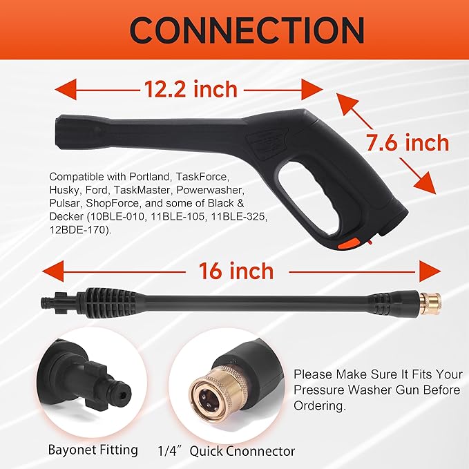 FIXFANS Pressure Washer Gun Kit, Replacement Pressure Washer Extension Wand with Nozzle– Compatible with Some of Portland Husky Black Decker Ford Pulsar ShopForce Taskforce Powerwasher Taskmaster